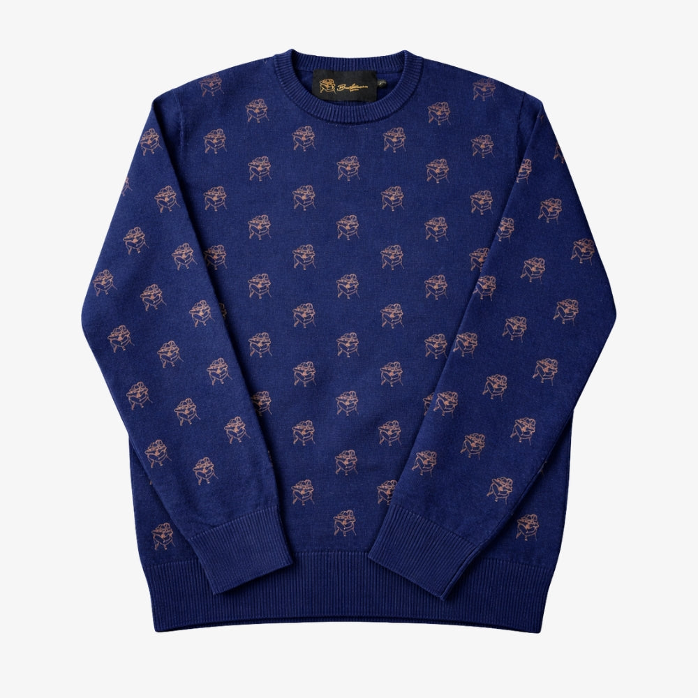 Blue sweater with small pattern on a white background